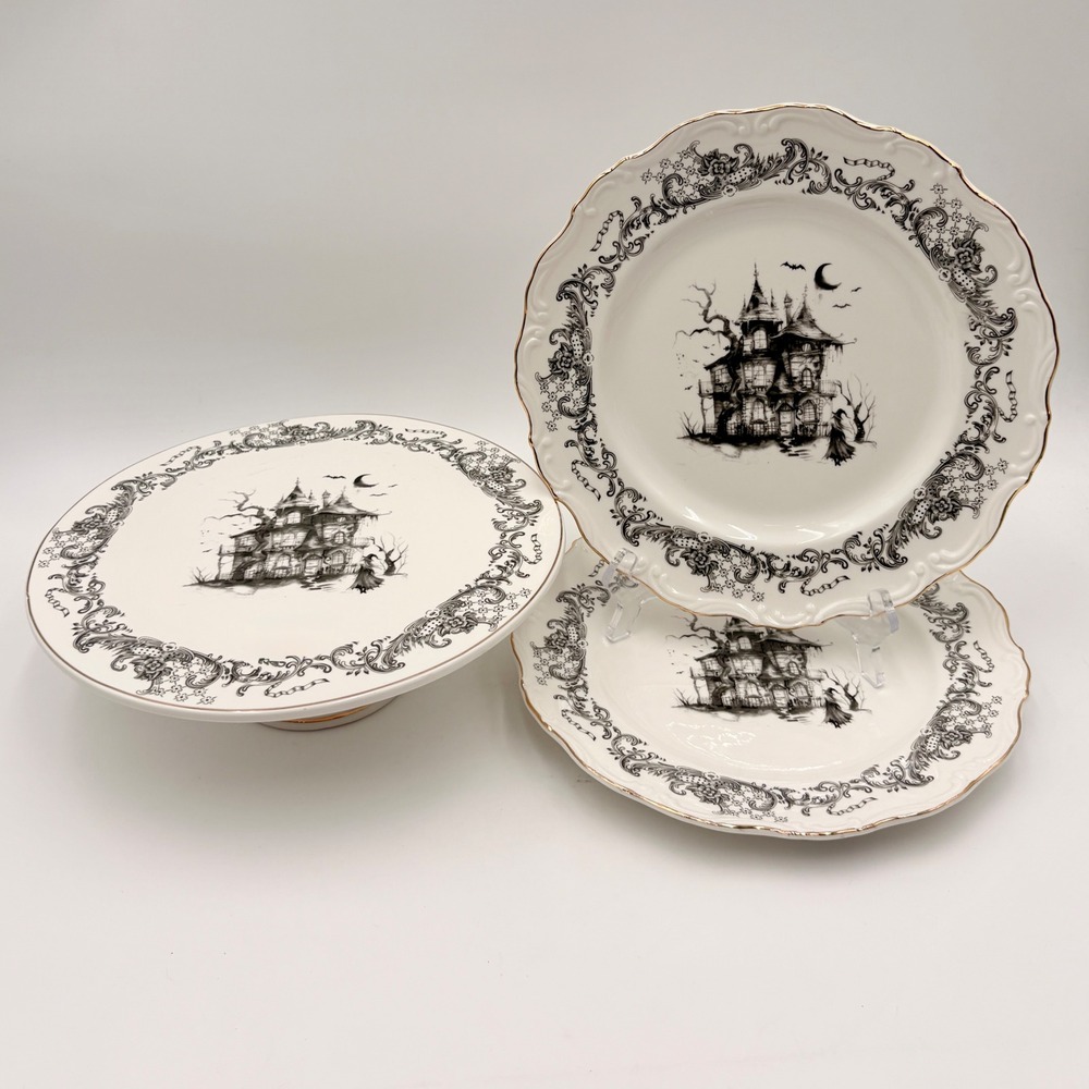 Gothic Haunted House Toile Cake Stand and Dinner Plates Set of 3 Gold Rim